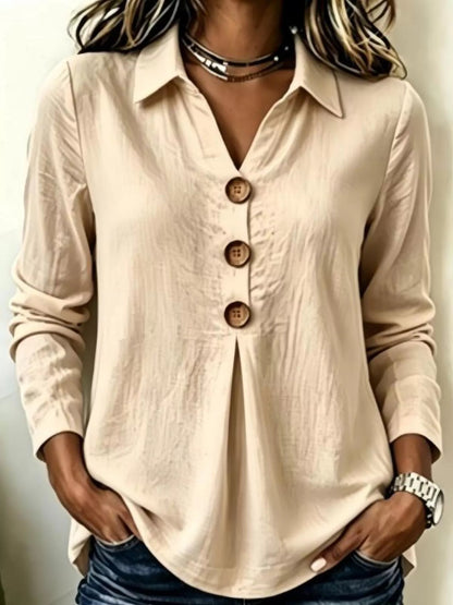 Full Size Button Detail Long Sleeve Blouse Plus Size - Bitsy Gypsy Boutique