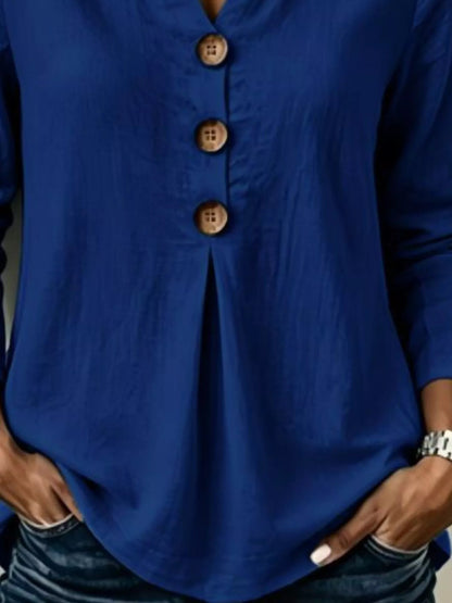 Full Size Button Detail Long Sleeve Blouse Plus Size - Bitsy Gypsy Boutique