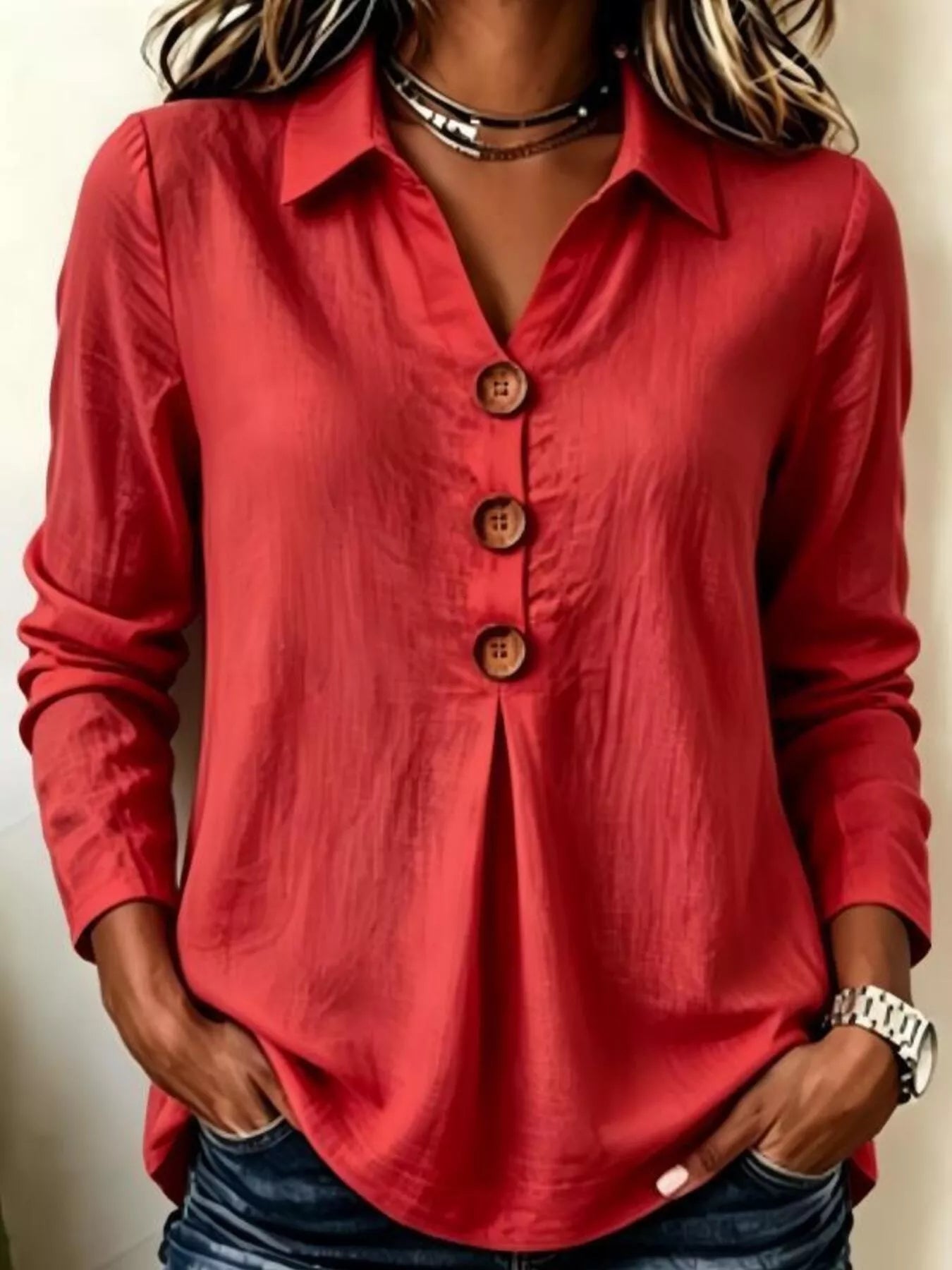 Full Size Button Detail Long Sleeve Blouse Plus Size - Bitsy Gypsy Boutique