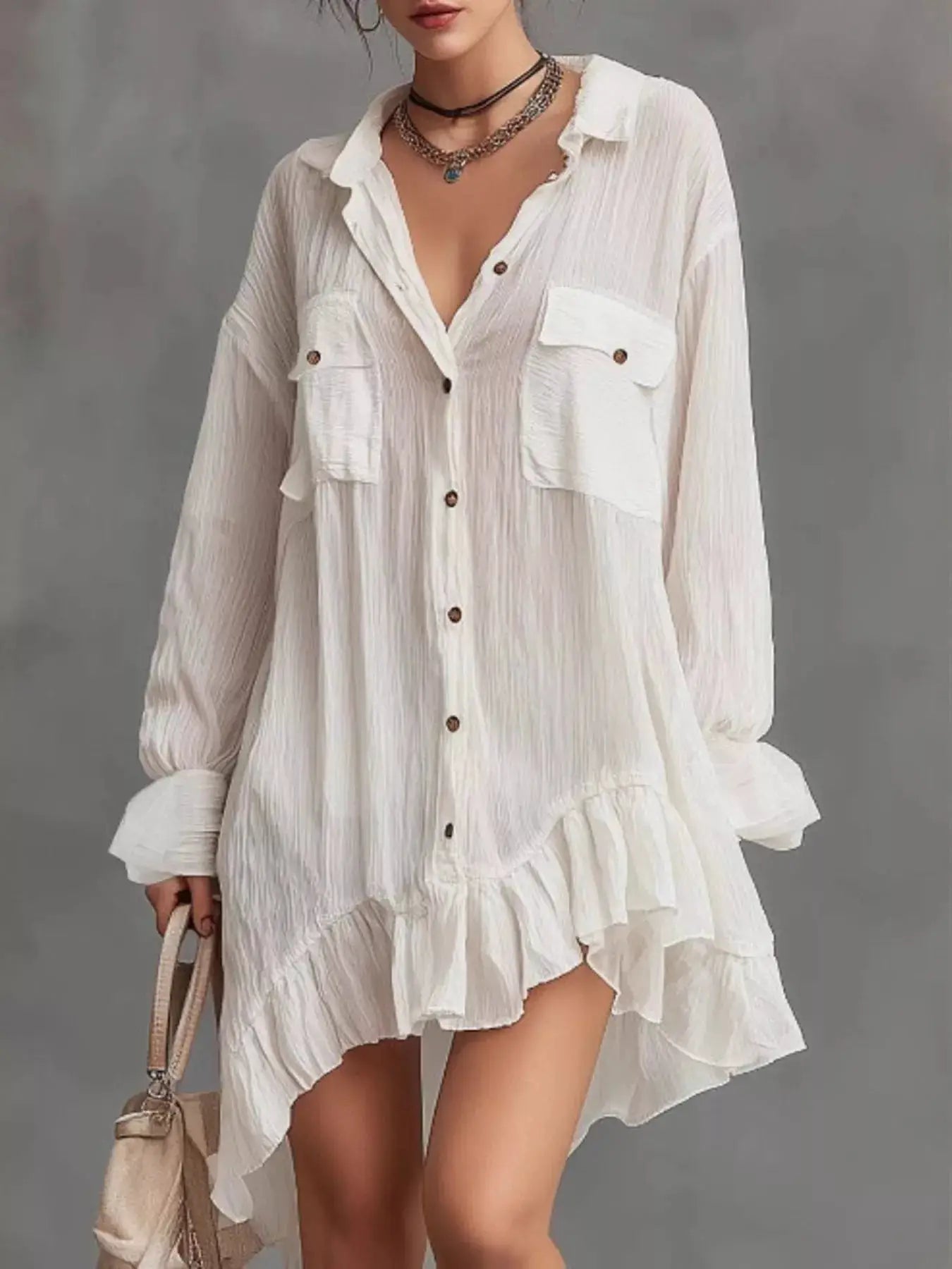 Full Size Button-Down Ruffle Hem Shirt Dress Plus Size - Bitsy Gypsy Boutique