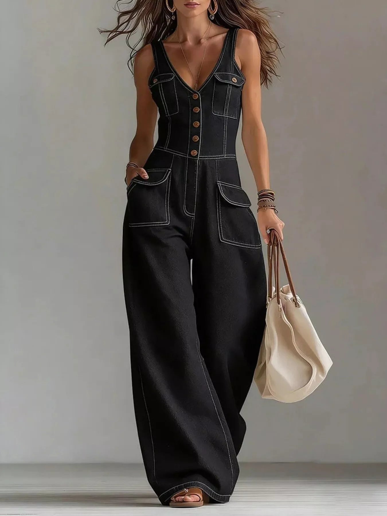 Full Size Button-Front Denim Wide-Leg Jumpsuit with Utility Pockets Plus Size - Bitsy Gypsy Boutique