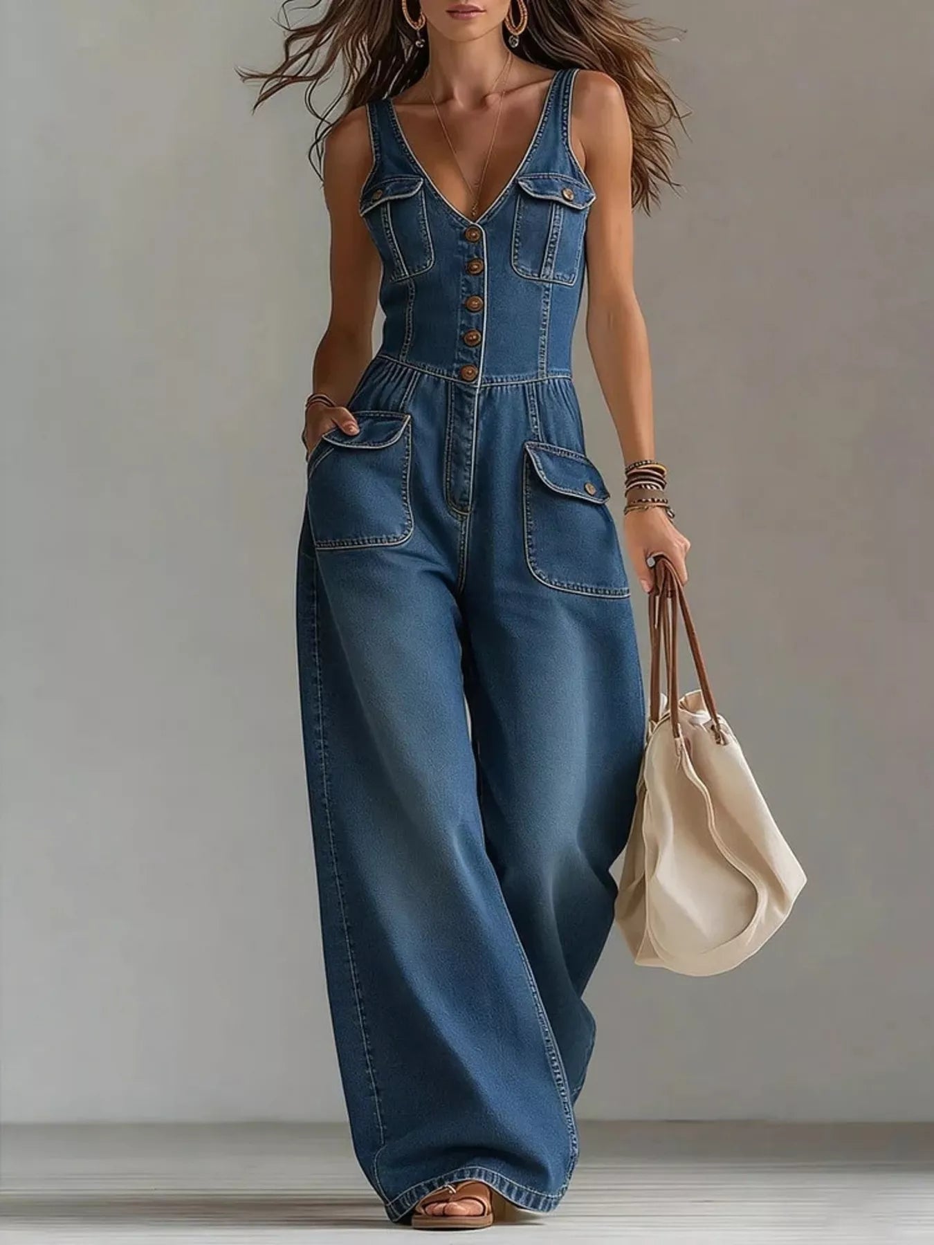 Full Size Button-Front Denim Wide-Leg Jumpsuit with Utility Pockets Plus Size - Bitsy Gypsy Boutique