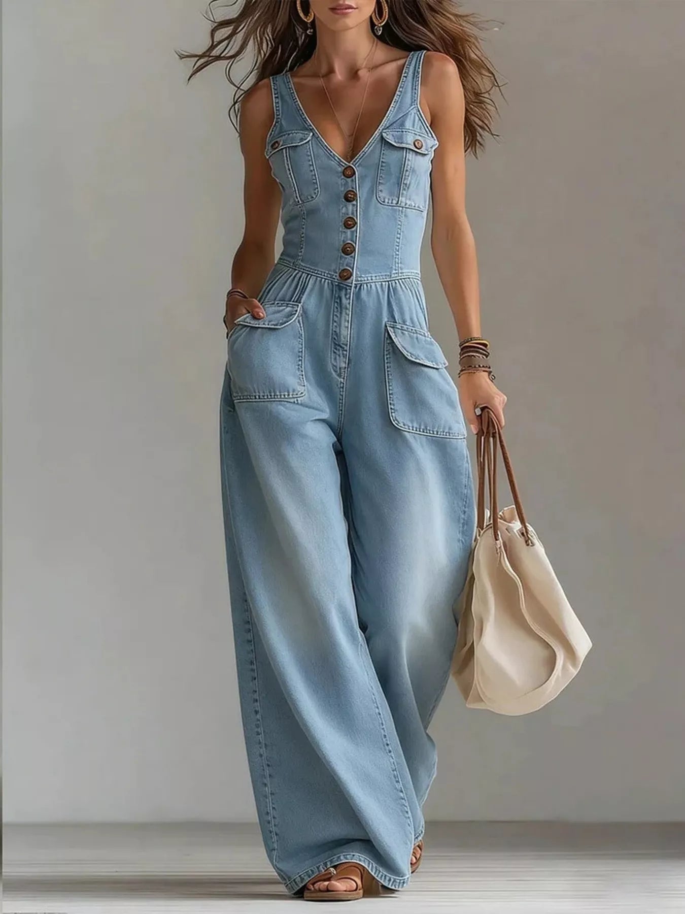 Full Size Button-Front Denim Wide-Leg Jumpsuit with Utility Pockets Plus Size - Bitsy Gypsy Boutique