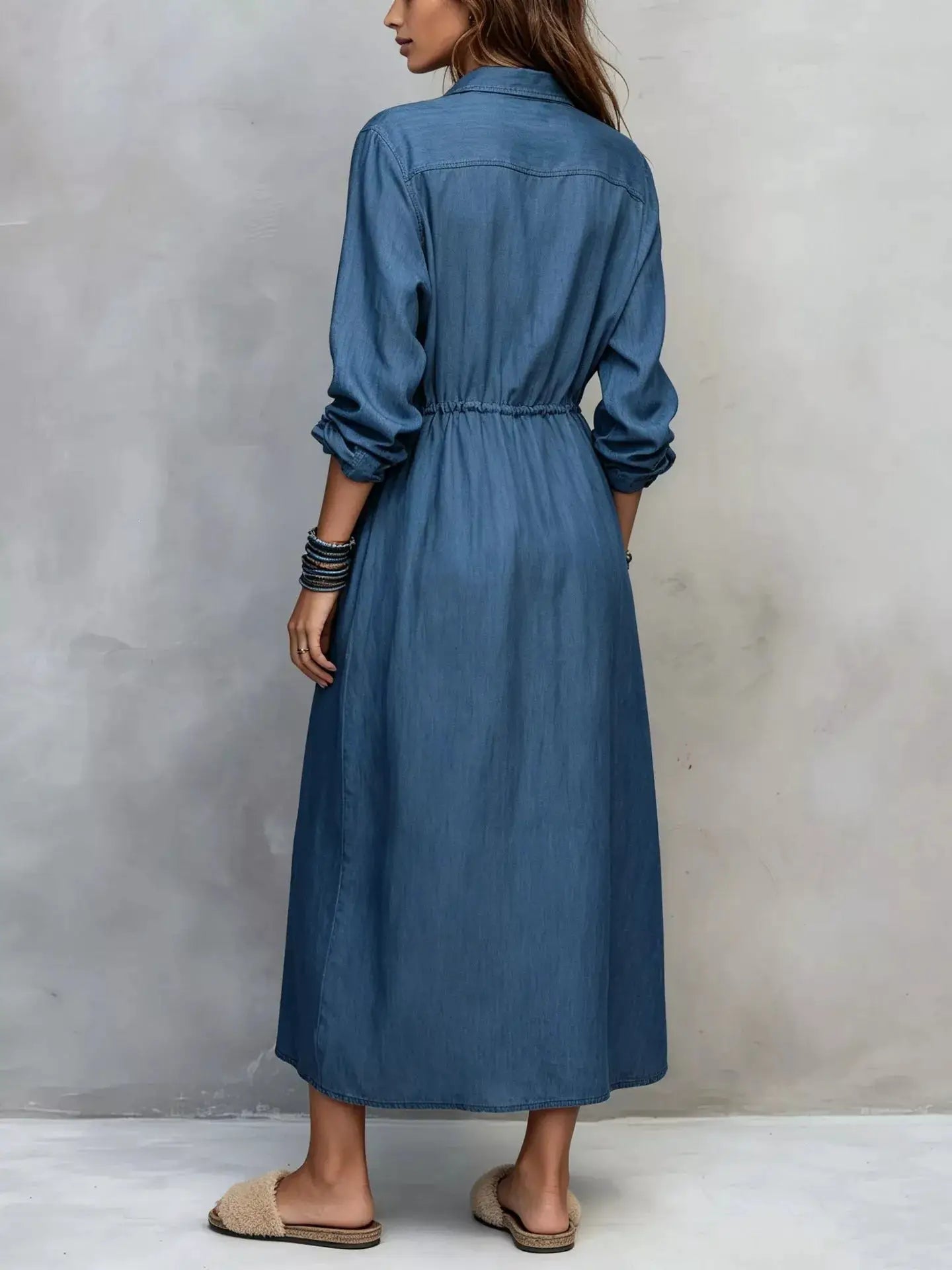 Button Front Long Sleeve Shirt Dress by Trendsi