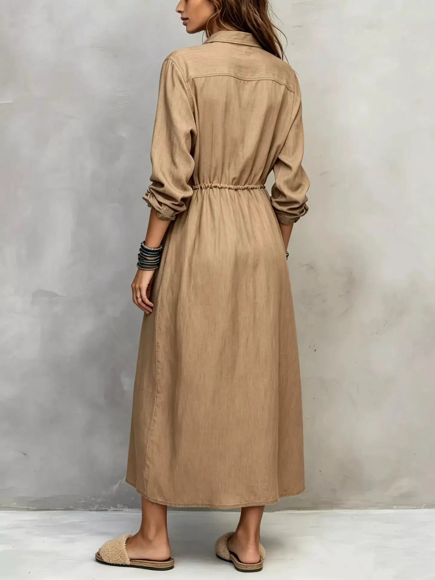 Button Front Long Sleeve Shirt Dress by Trendsi