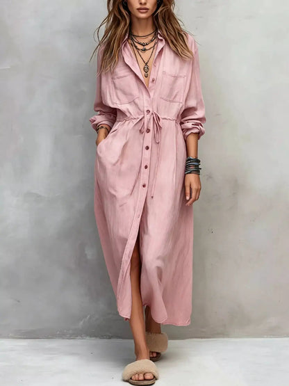 Button Front Long Sleeve Shirt Dress by Trendsi