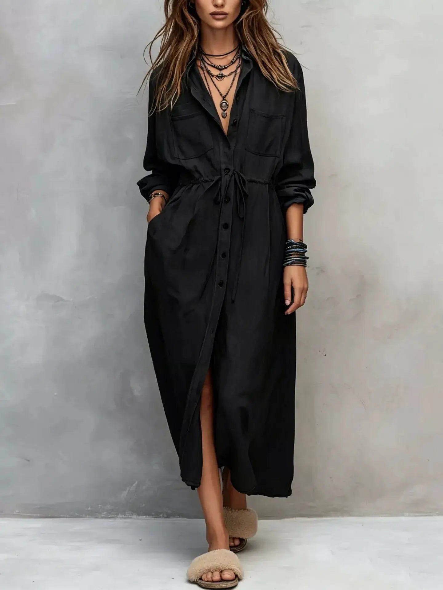 Button Front Long Sleeve Shirt Dress by Trendsi