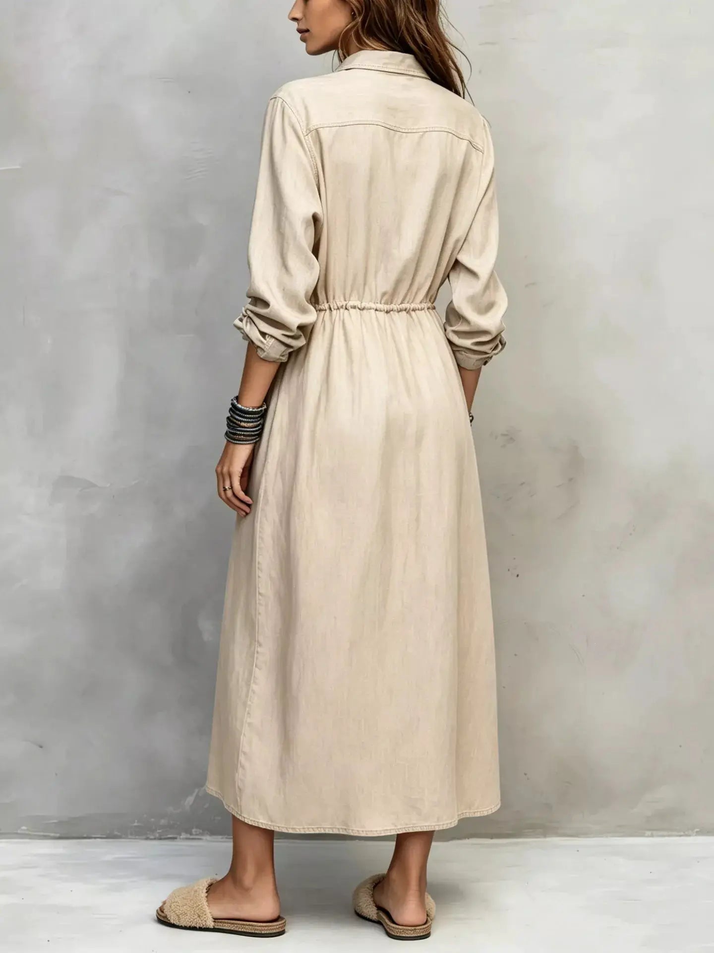 Button Front Long Sleeve Shirt Dress by Trendsi