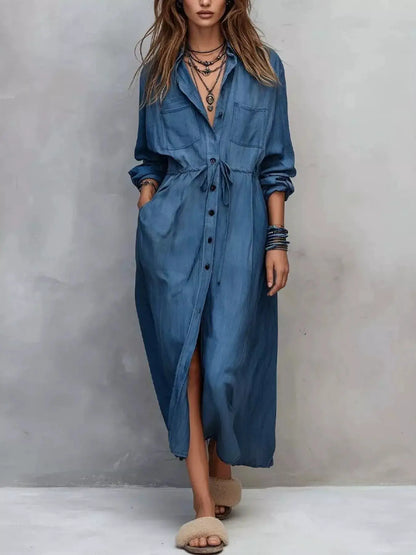 Button Front Long Sleeve Shirt Dress by Trendsi