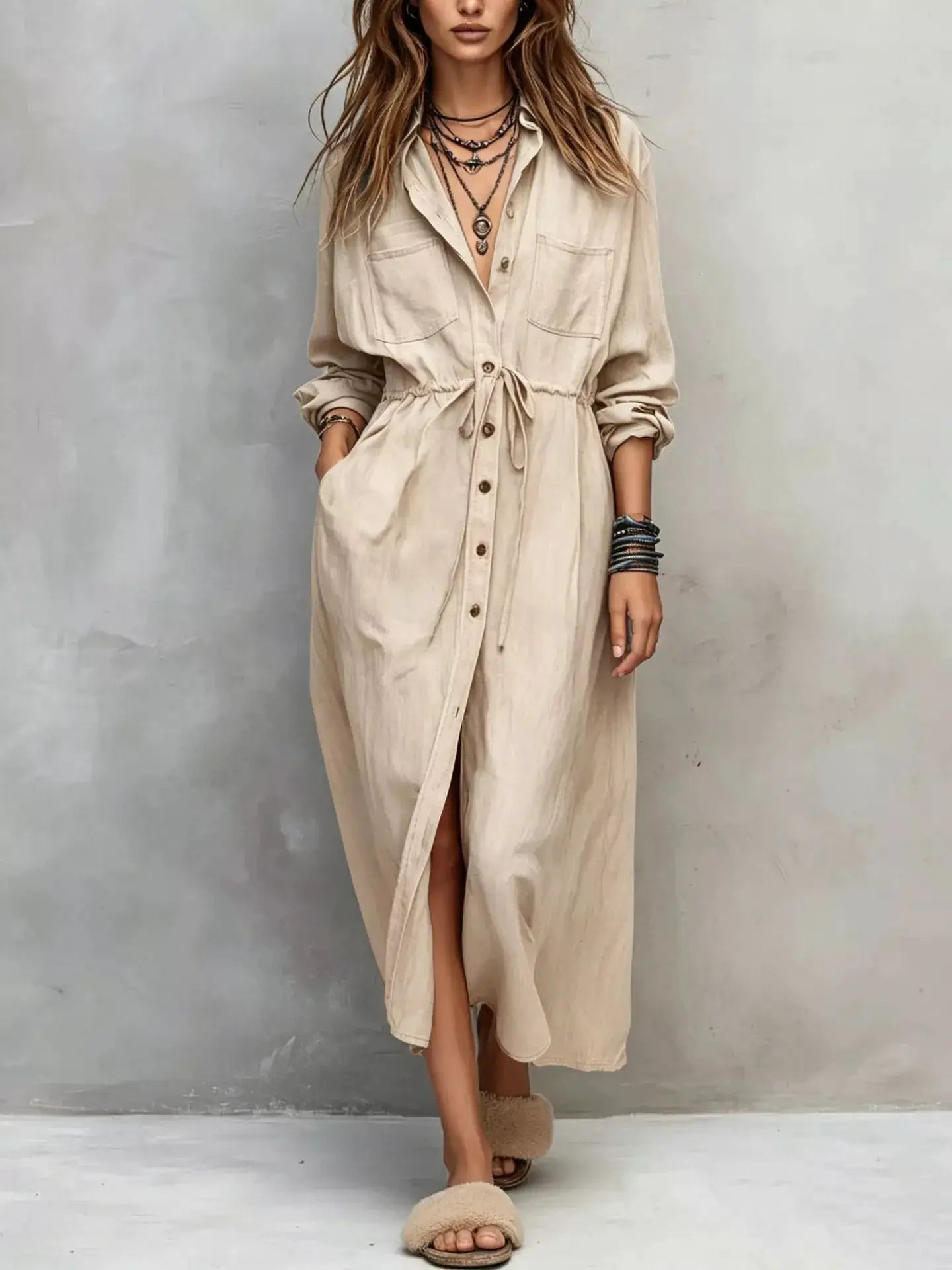 Button Front Long Sleeve Shirt Dress by Trendsi