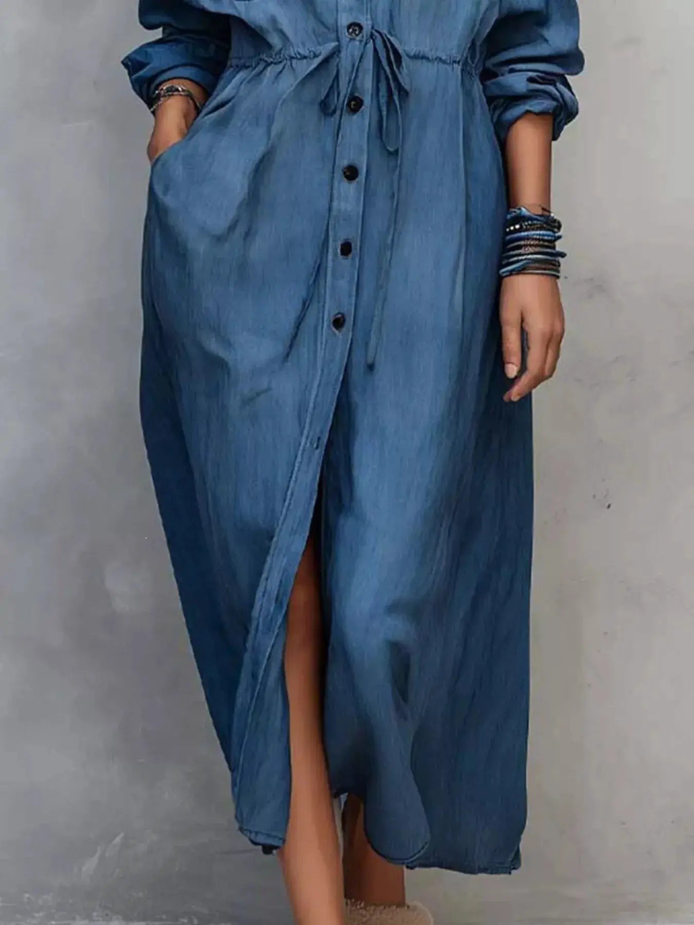 Button Front Long Sleeve Shirt Dress by Trendsi