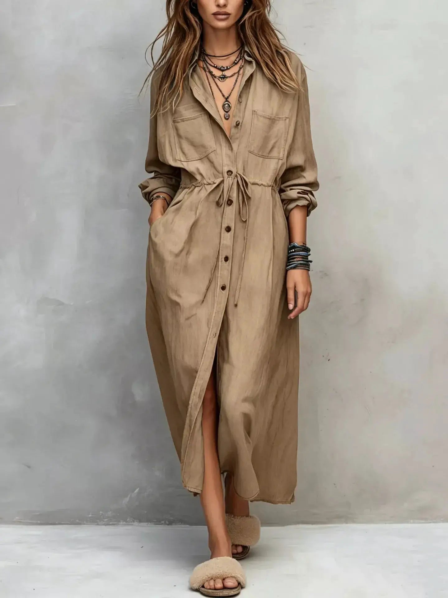 Button Front Long Sleeve Shirt Dress by Trendsi