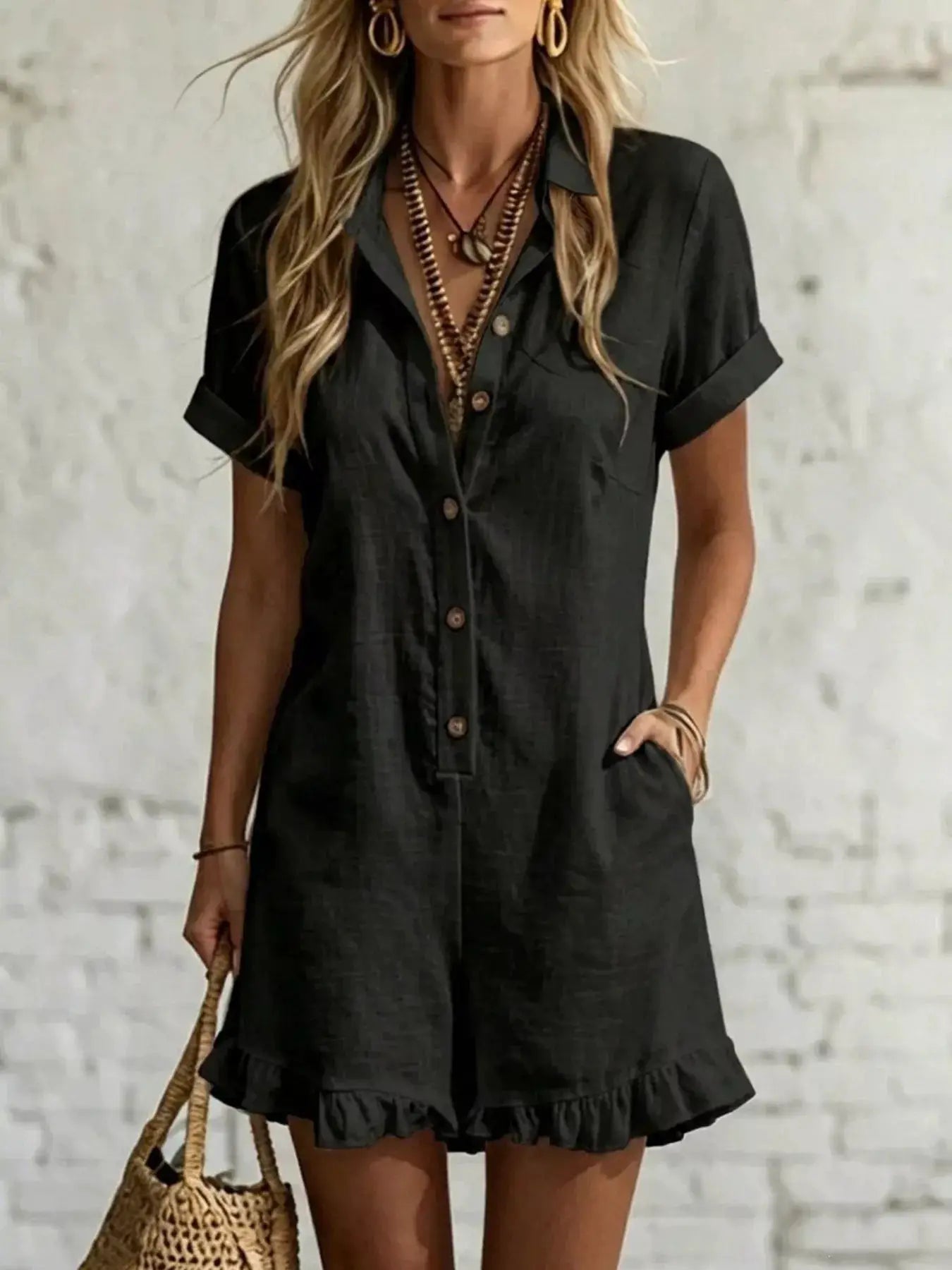 Full Size Button Front Ruffled Hem Romper Plus Size by Trendsi