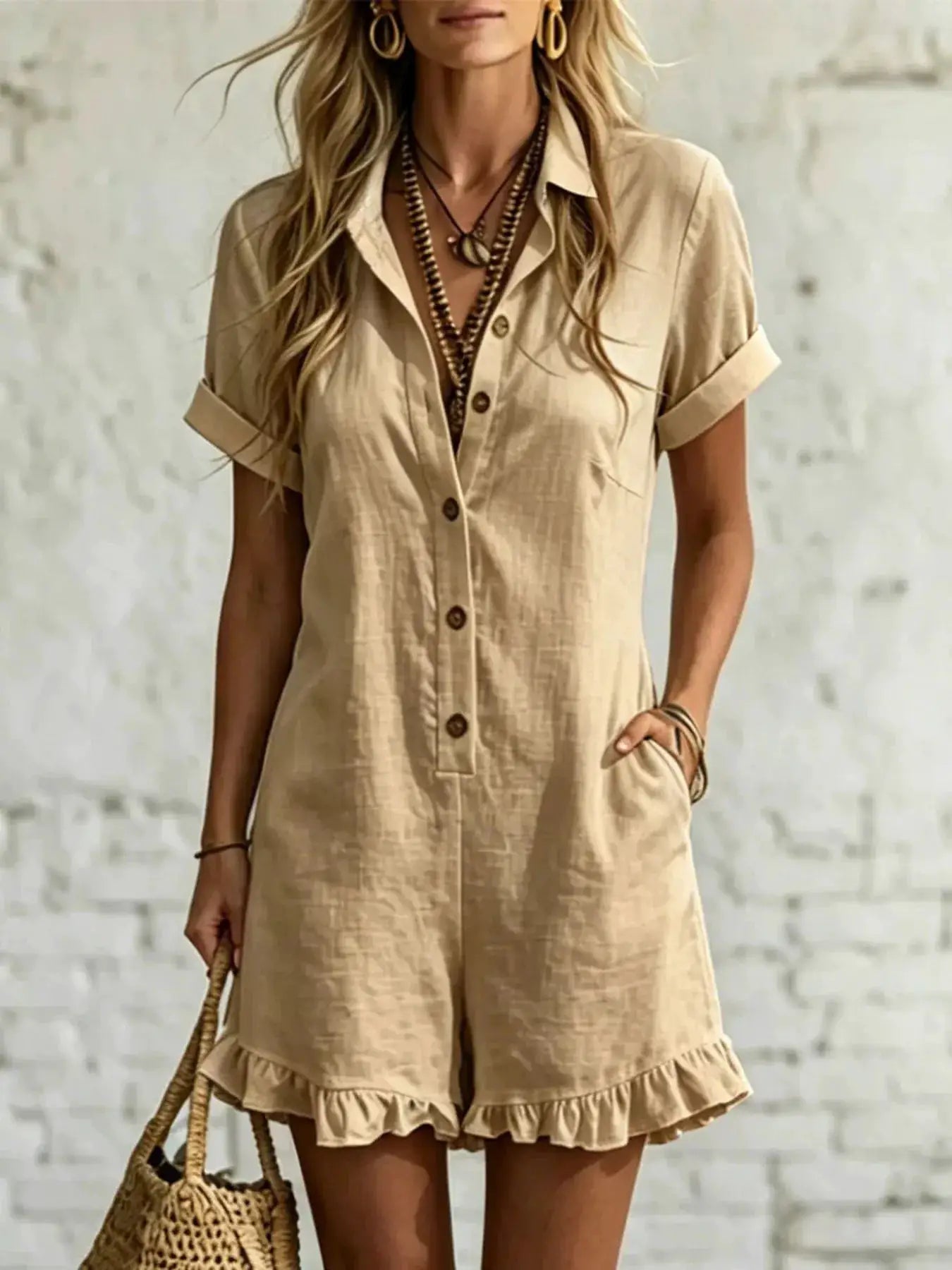 Full Size Button Front Ruffled Hem Romper Plus Size by Trendsi