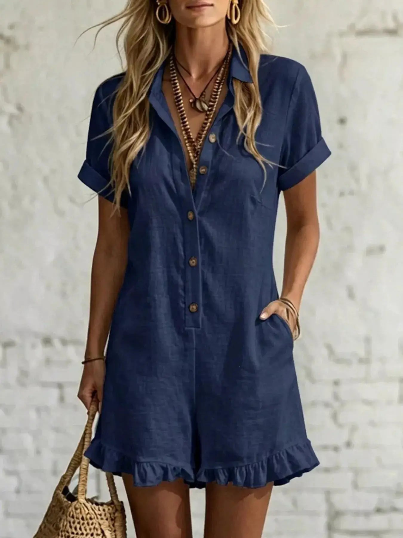 Full Size Button Front Ruffled Hem Romper Plus Size by Trendsi
