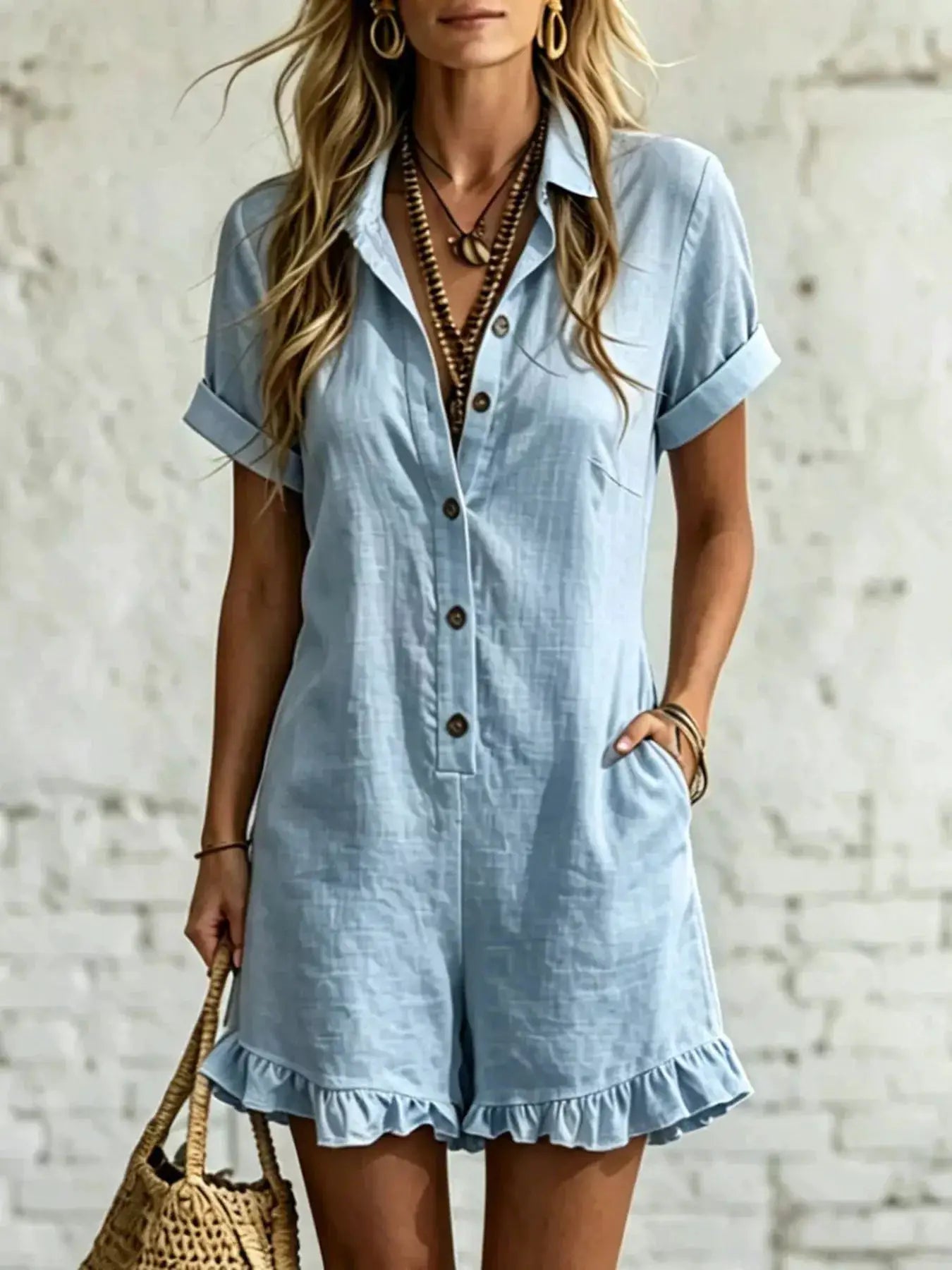 Full Size Button Front Ruffled Hem Romper Plus Size by Trendsi