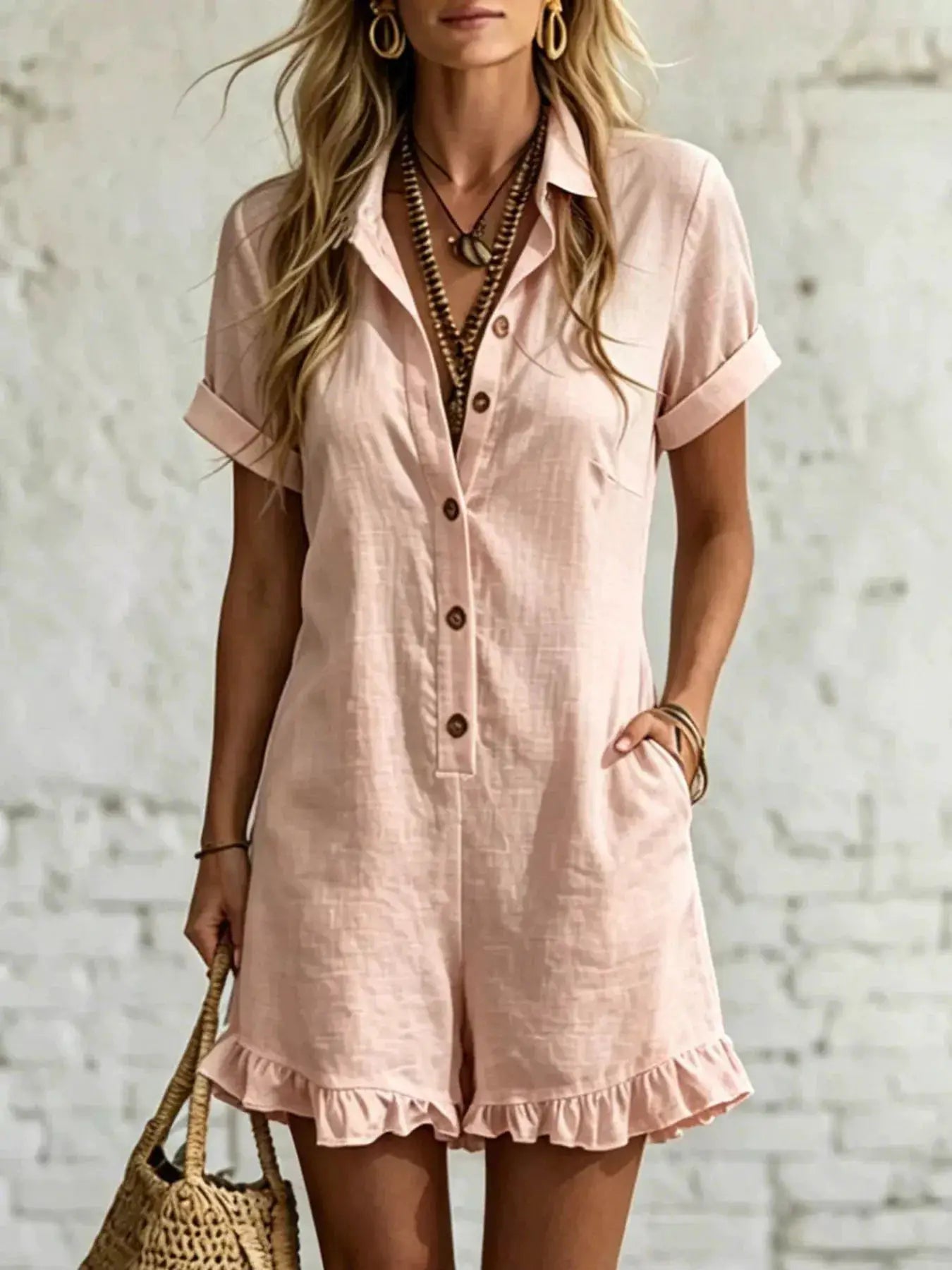 Full Size Button Front Ruffled Hem Romper Plus Size by Trendsi