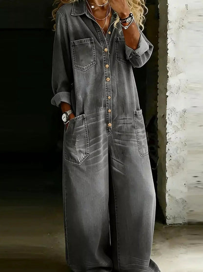 Full Size Button Front Wide Leg Jumpsuit with Chest Pockets Plus Size by Trendsi