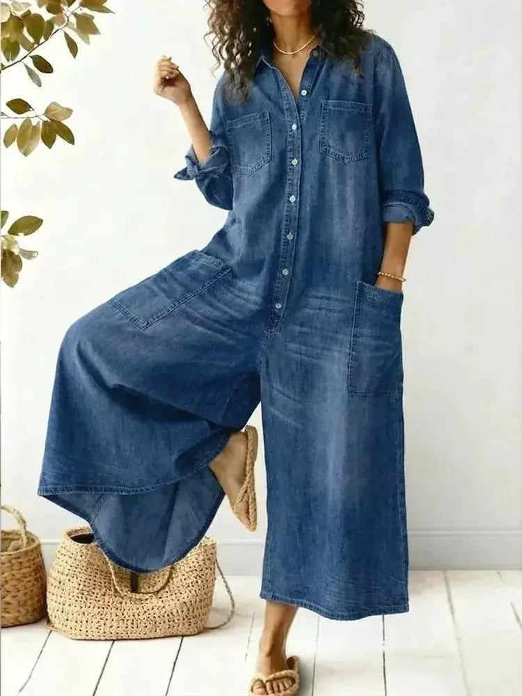 Full Size Button Front Wide Leg Jumpsuit with Chest Pockets Plus Size by Trendsi