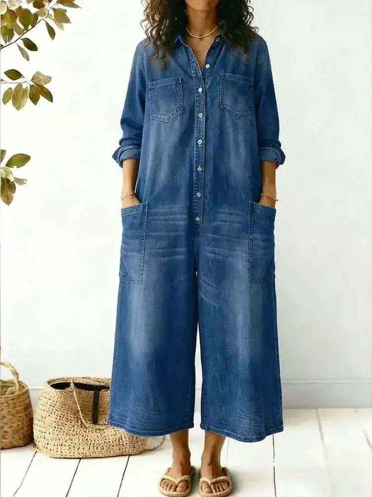 Full Size Button Front Wide Leg Jumpsuit with Chest Pockets Plus Size by Trendsi
