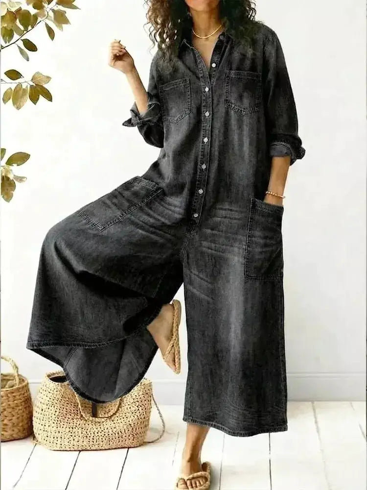 Full Size Button Front Wide Leg Jumpsuit with Chest Pockets Plus Size by Trendsi