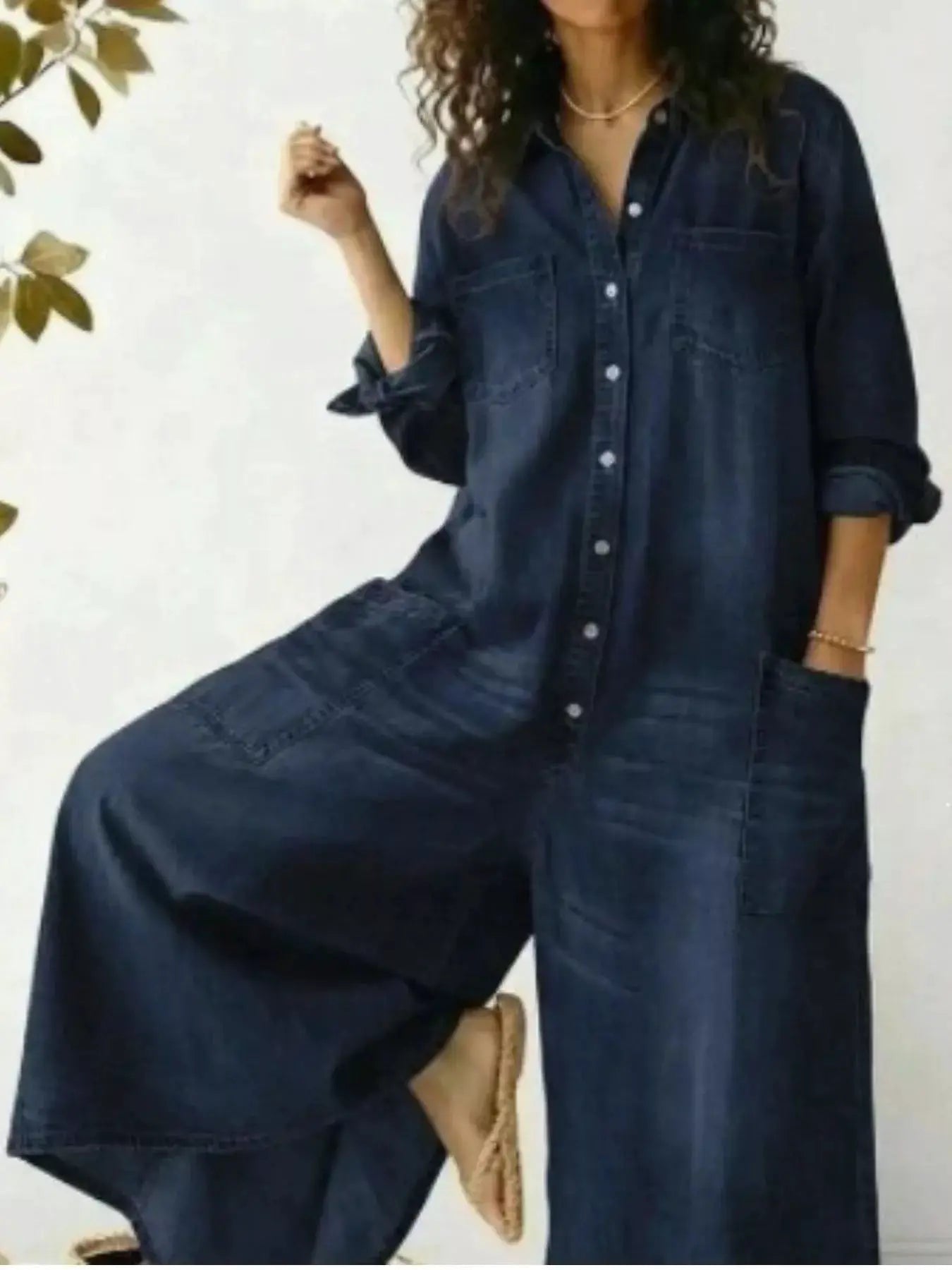 Full Size Button Front Wide Leg Jumpsuit with Chest Pockets Plus Size by Trendsi