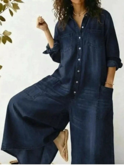Full Size Button Front Wide Leg Jumpsuit with Chest Pockets Plus Size by Trendsi