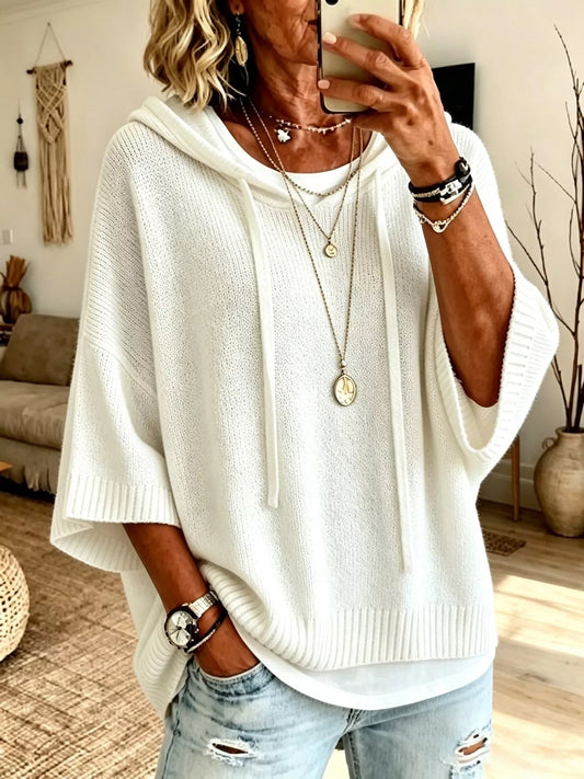 Full Size Casual Hooded Batwing Sleeve Knit Sweater Plus Size - Bitsy Gypsy Boutique