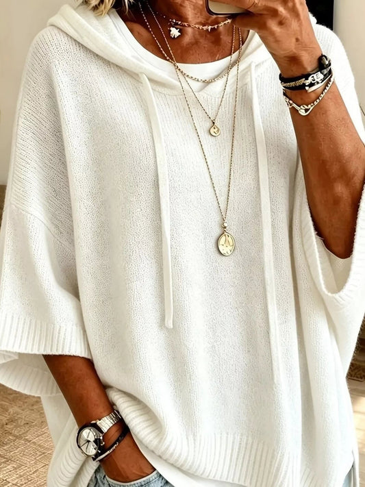 Full Size Casual Hooded Batwing Sleeve Knit Sweater Plus Size - Bitsy Gypsy Boutique