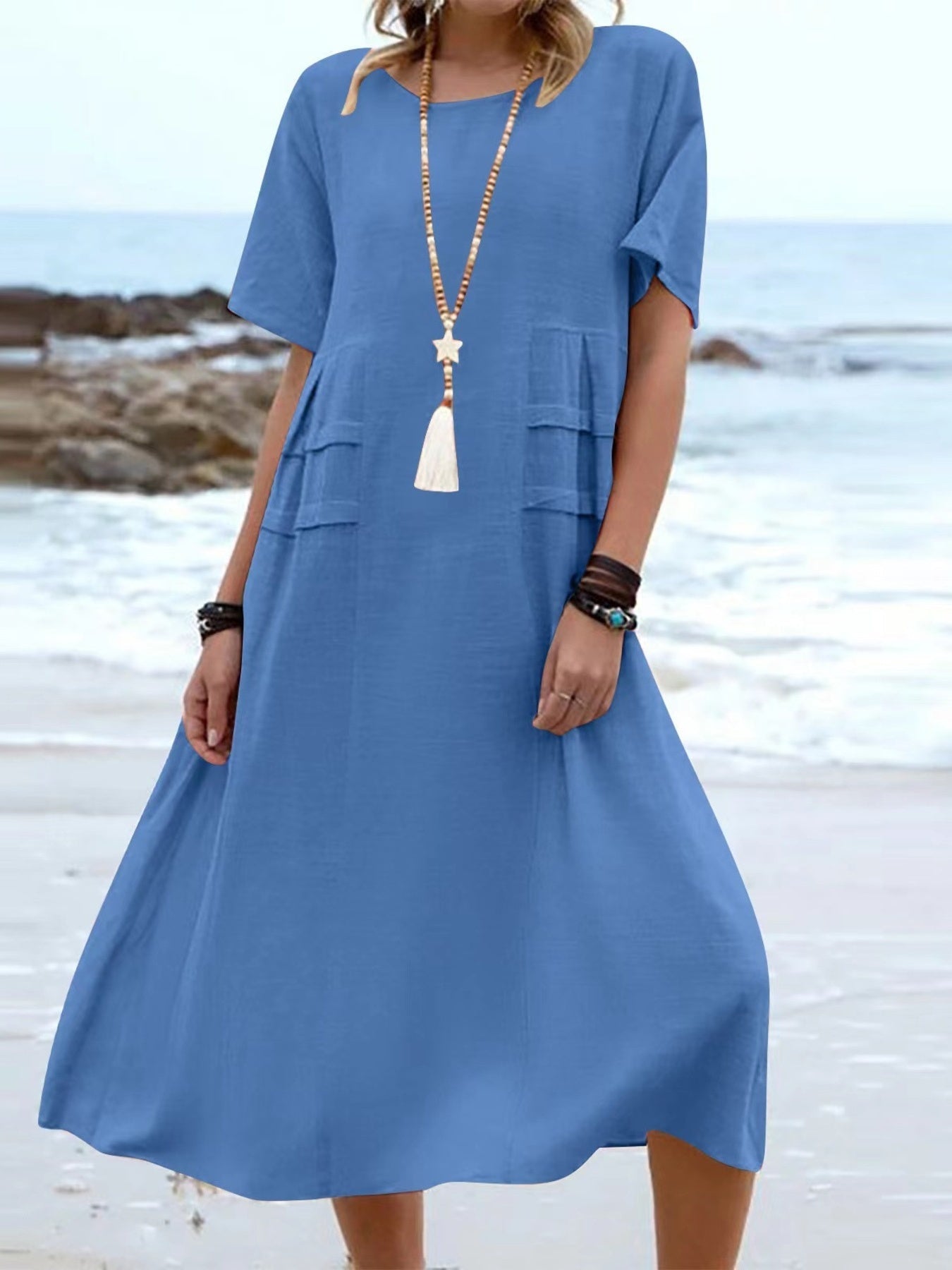 Full Size Casual Linen Blend Midi Dress Plus Size - Bitsy Gypsy Boutique