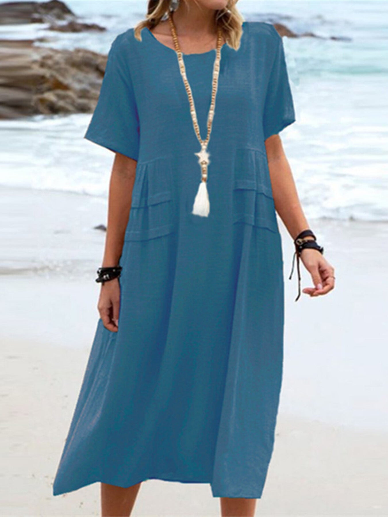 Full Size Casual Linen Blend Midi Dress Plus Size - Bitsy Gypsy Boutique