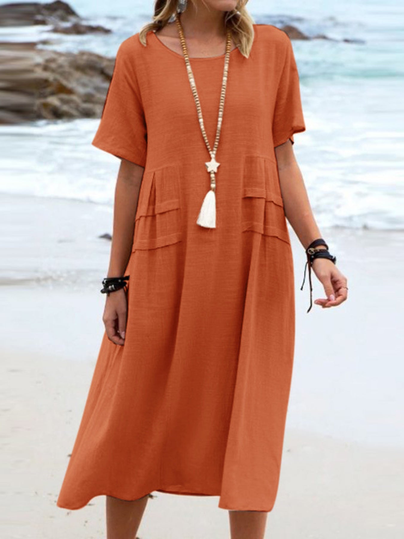 Full Size Casual Linen Blend Midi Dress Plus Size - Bitsy Gypsy Boutique