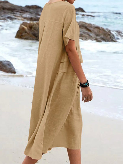 Full Size Casual Linen Blend Midi Dress Plus Size - Bitsy Gypsy Boutique