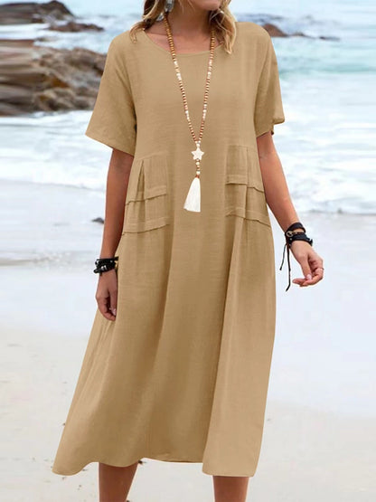 Full Size Casual Linen Blend Midi Dress Plus Size - Bitsy Gypsy Boutique
