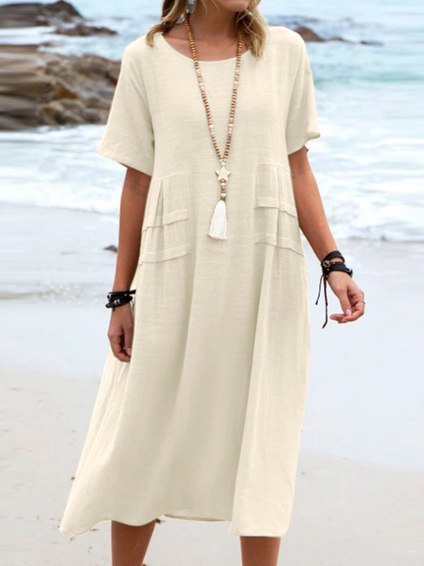 Full Size Casual Linen Blend Midi Dress Plus Size - Bitsy Gypsy Boutique