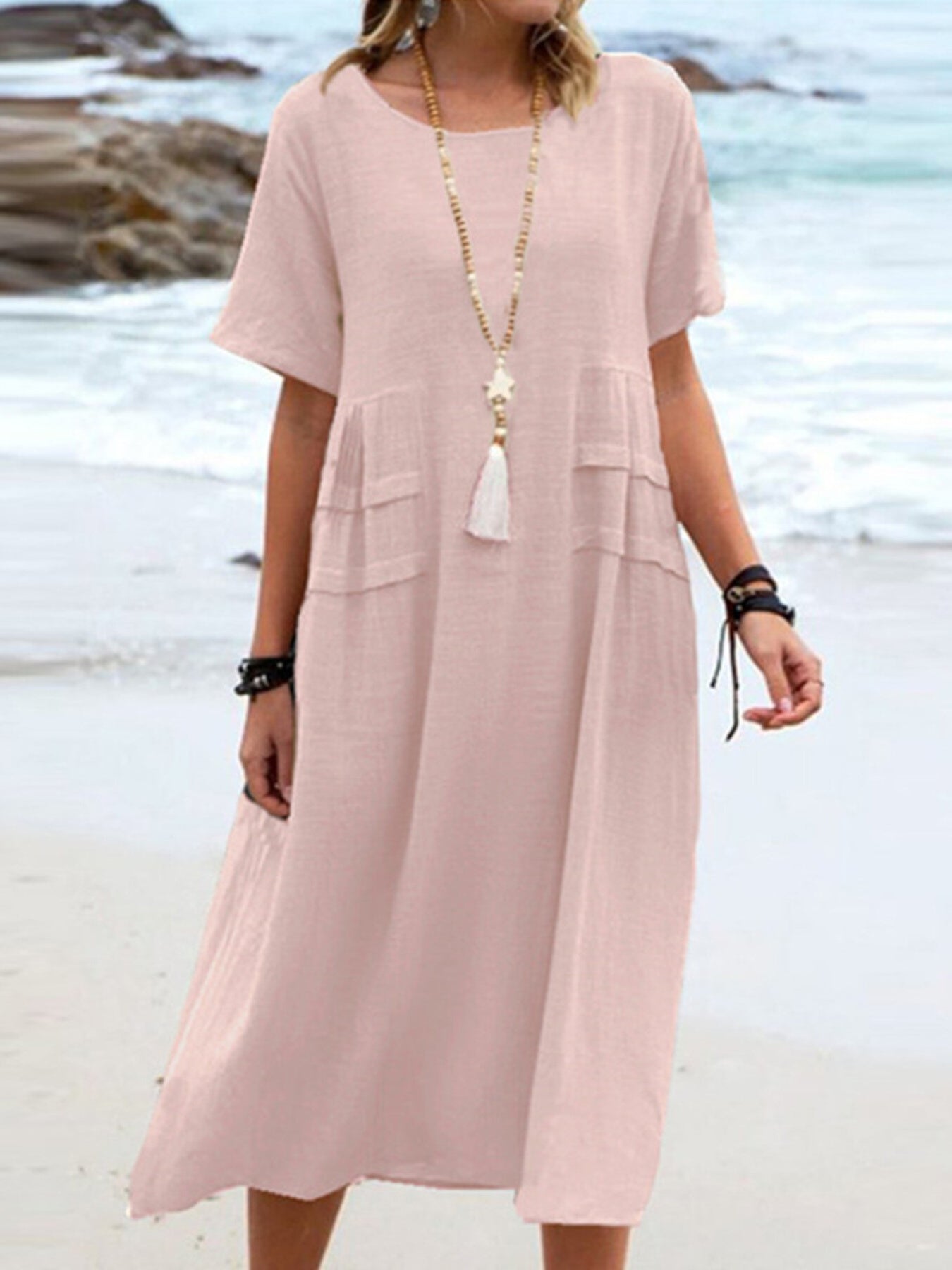 Full Size Casual Linen Blend Midi Dress Plus Size - Bitsy Gypsy Boutique