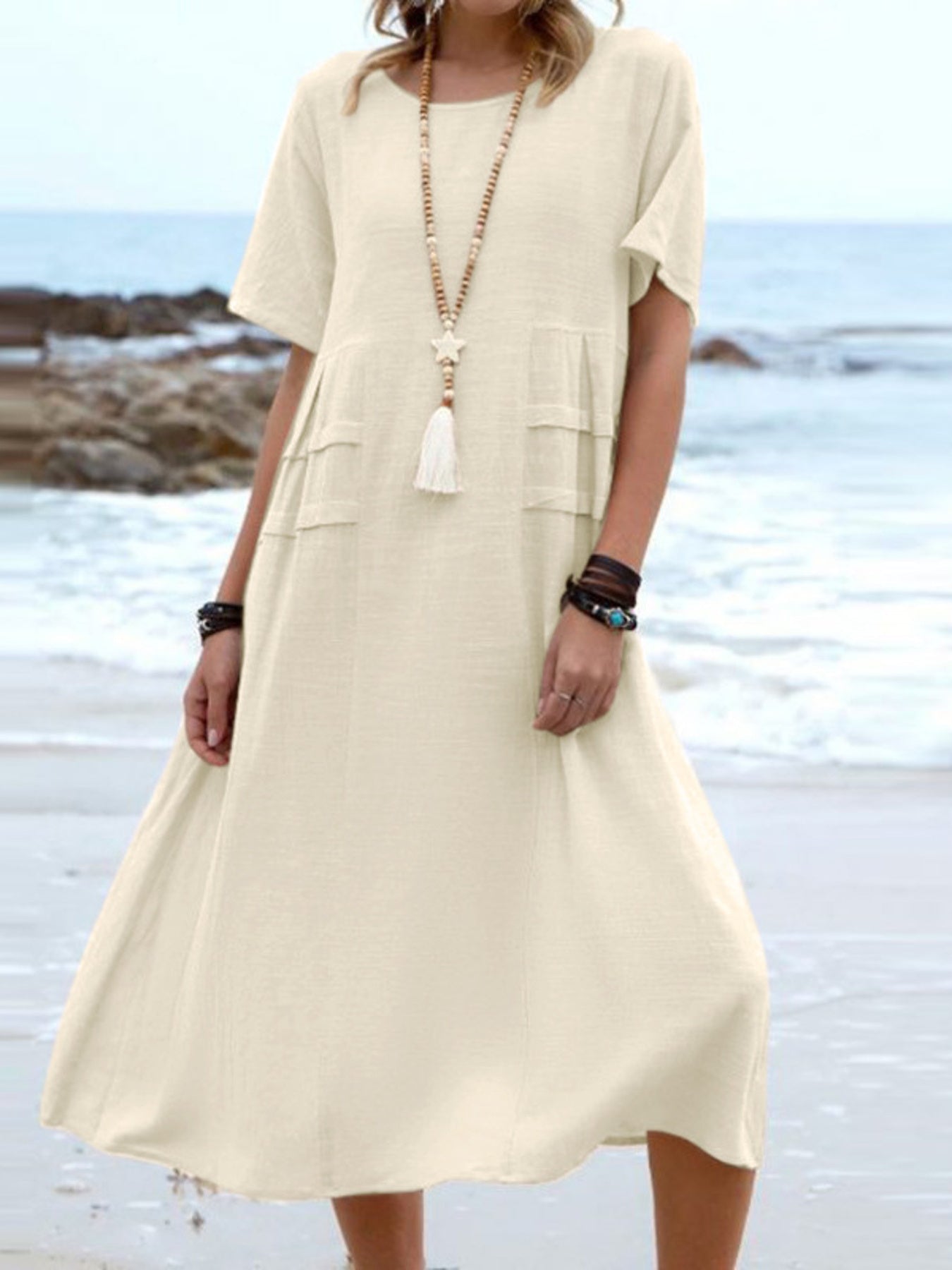Full Size Casual Linen Blend Midi Dress Plus Size - Bitsy Gypsy Boutique