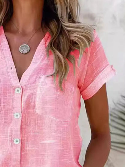 Full Size Casual V-Neck Button-Up Top Plus Size - Bitsy Gypsy Boutique