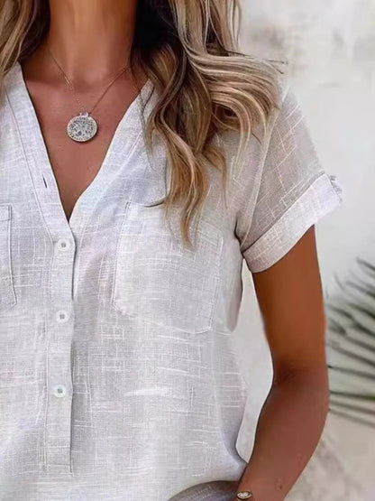 Full Size Casual V-Neck Button-Up Top Plus Size - Bitsy Gypsy Boutique