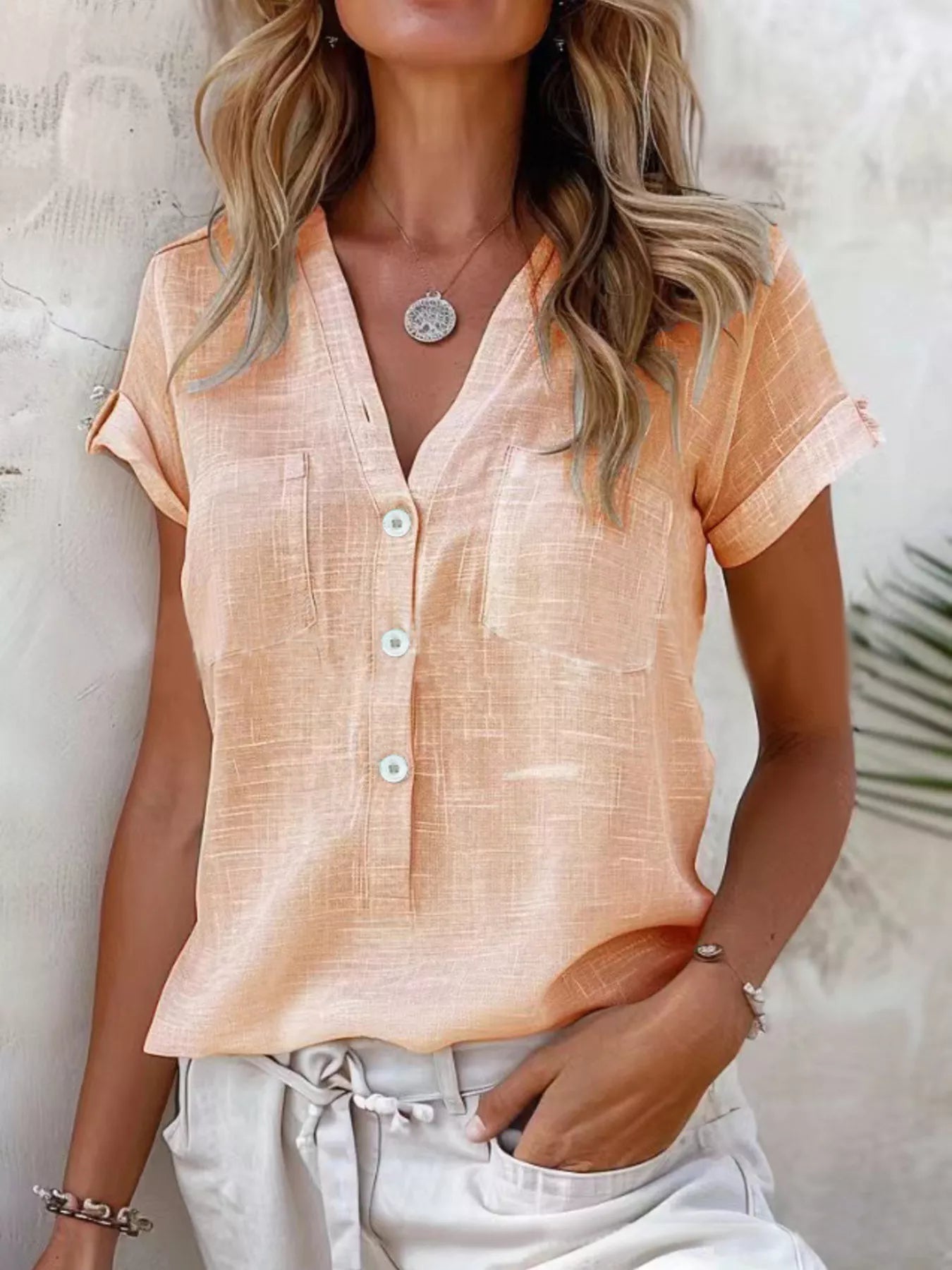 Full Size Casual V-Neck Button-Up Top Plus Size - Bitsy Gypsy Boutique