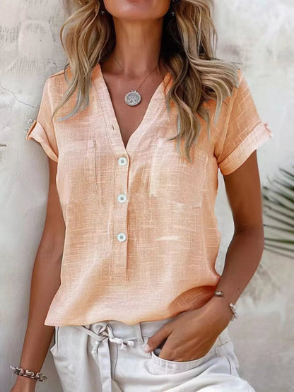 Full Size Casual V-Neck Button-Up Top Plus Size - Bitsy Gypsy Boutique