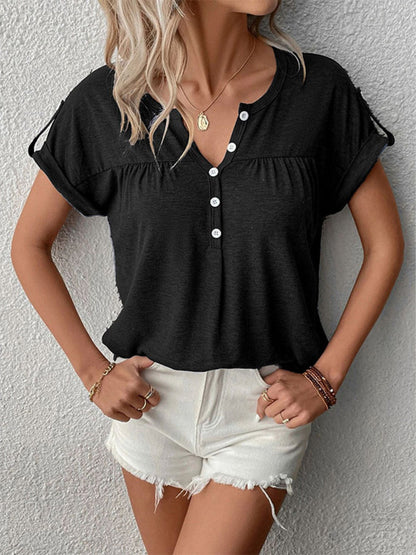 Full Size Casual V-Neck Henley Top with Rolled Sleeves Plus Size - Bitsy Gypsy Boutique