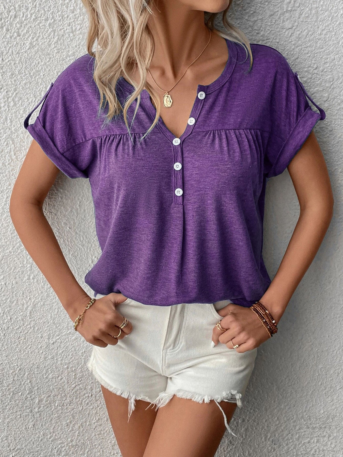 Full Size Casual V-Neck Henley Top with Rolled Sleeves Plus Size - Bitsy Gypsy Boutique