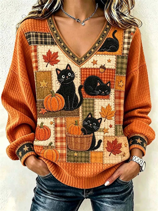Full Size Cat and Pumpkin V-Neck Sweater Plus Size - Bitsy Gypsy Boutique