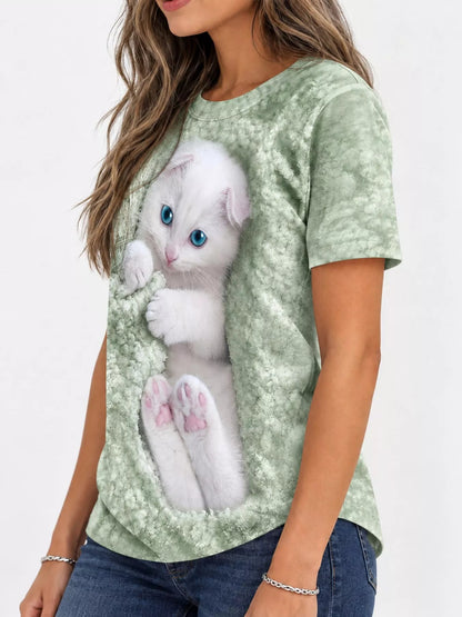Full Size Cat Graphic Round Neck Top Plus Size - Bitsy Gypsy Boutique