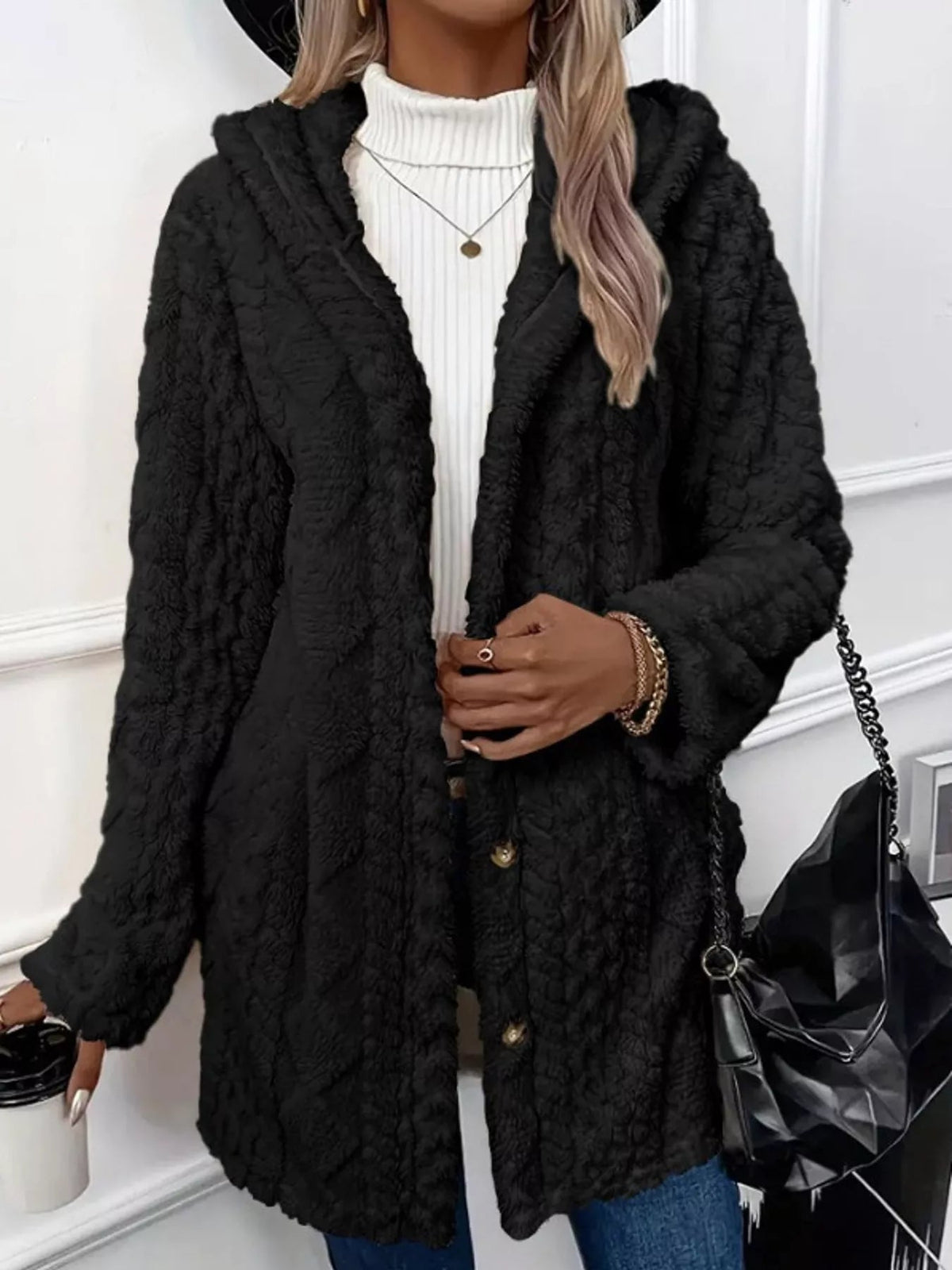 Full Size Cozy Cable-Knit Faux Fur Hooded Outerwear Plus Size - Bitsy Gypsy Boutique