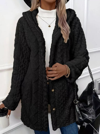 Full Size Cozy Cable-Knit Faux Fur Hooded Outerwear Plus Size - Bitsy Gypsy Boutique