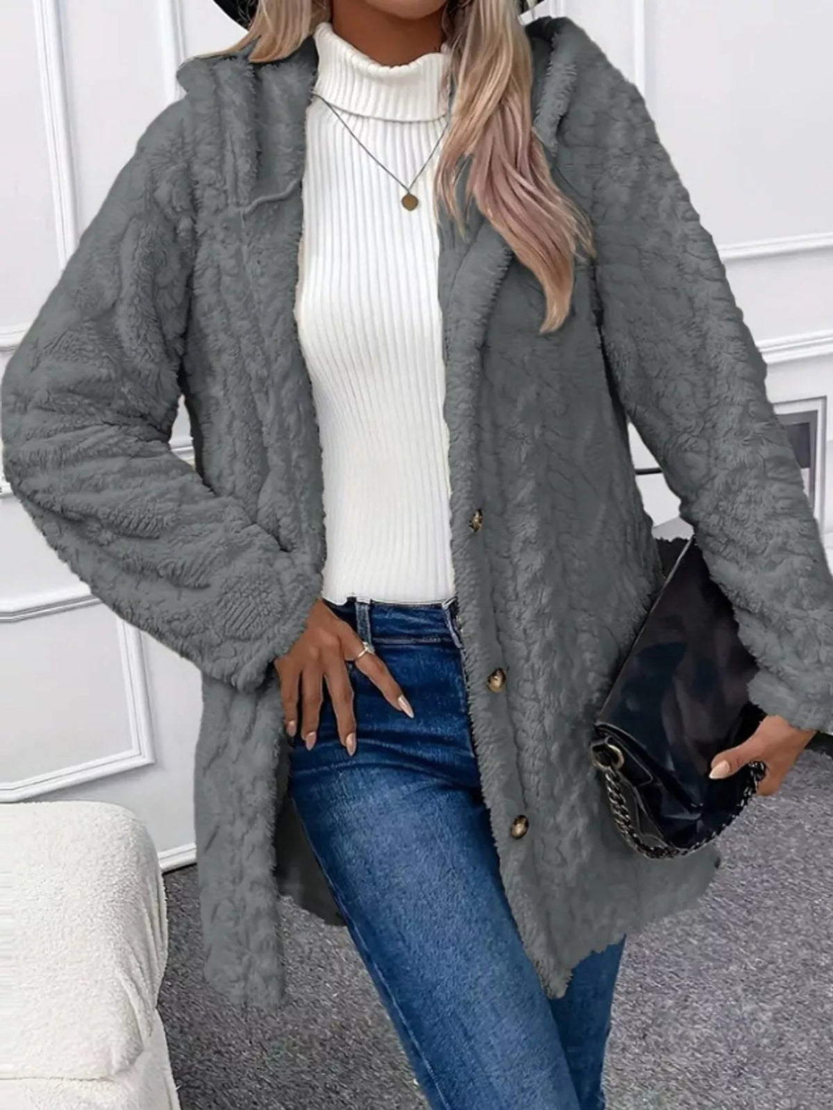 Full Size Cozy Cable-Knit Faux Fur Hooded Outerwear Plus Size - Bitsy Gypsy Boutique