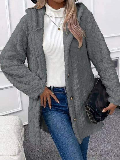 Full Size Cozy Cable-Knit Faux Fur Hooded Outerwear Plus Size - Bitsy Gypsy Boutique