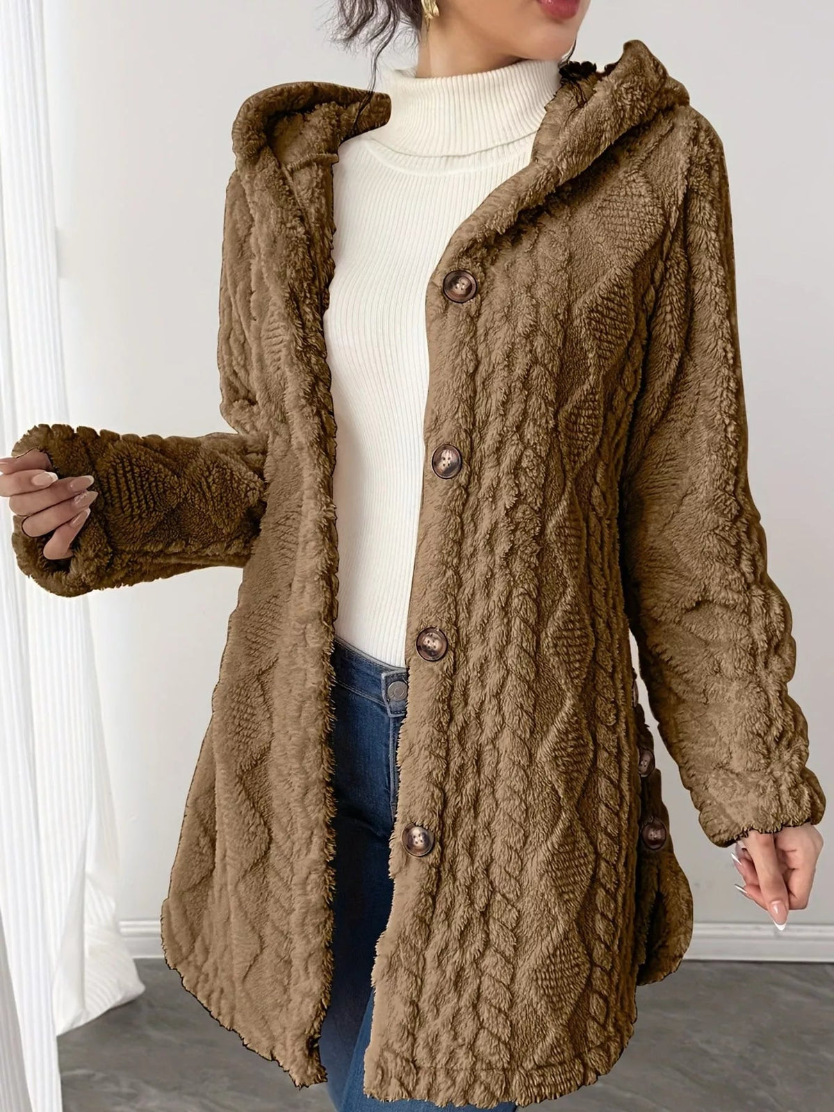 Full Size Cozy Cable-Knit Faux Fur Hooded Outerwear Plus Size - Bitsy Gypsy Boutique